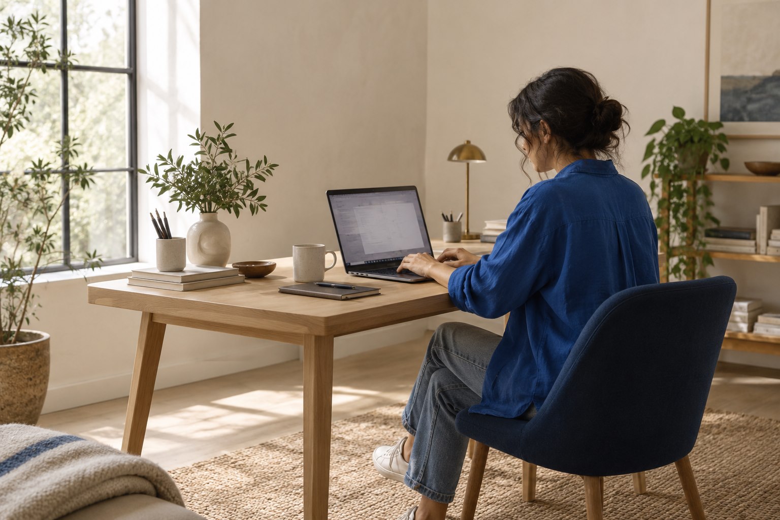 A person working on a laptop in a bright home office